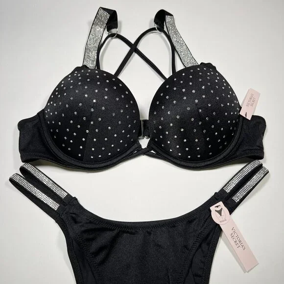 Victoria Secret 38C L Bombshell Push Up Bikini Top Set Glam Shine Strap Black